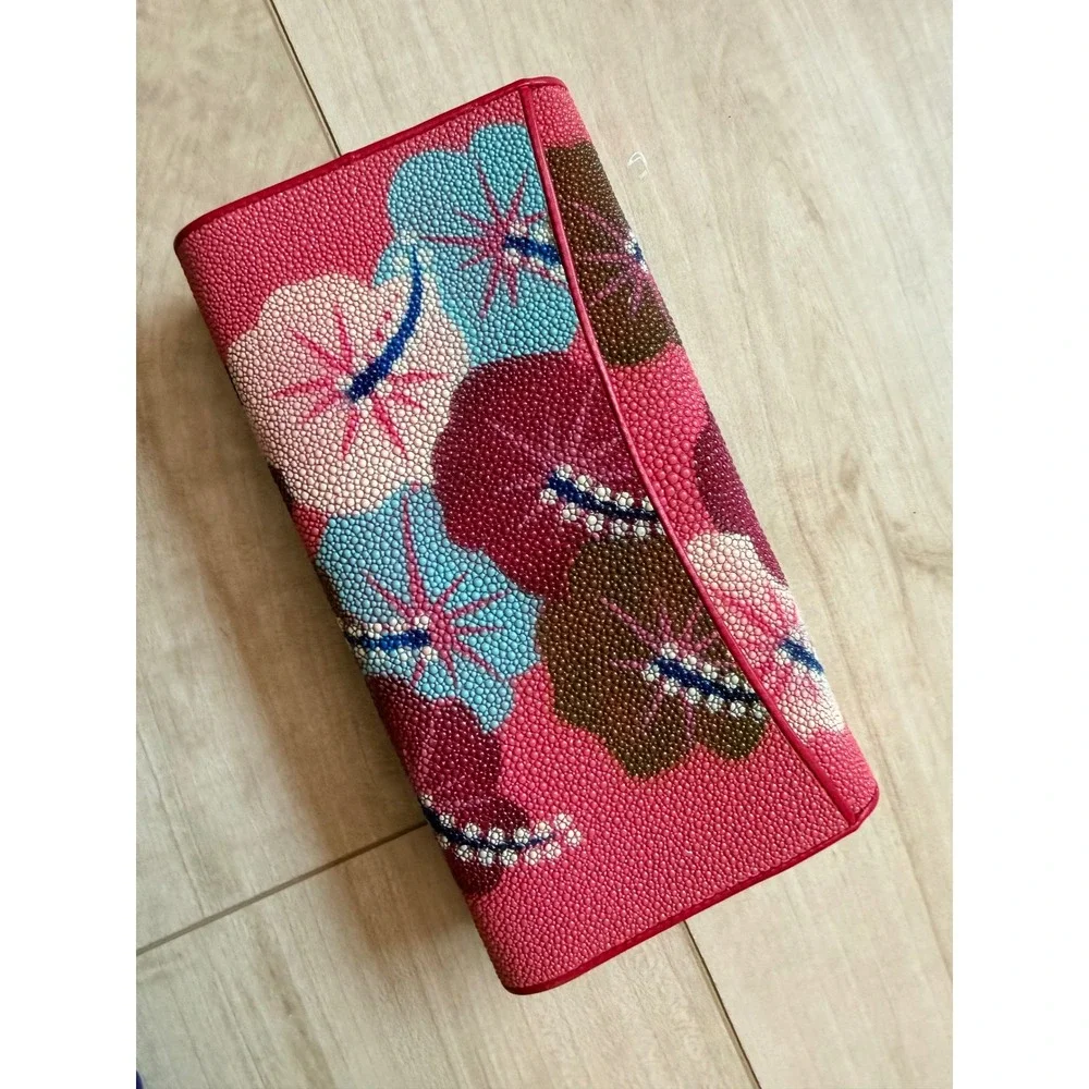 Genuine Stingray Skin Wallet Rare Hibiscus Pink Floral Design Made in Thailand